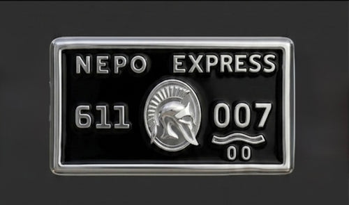 The NEPO Express charm — hand-painted black card detail with Spartan helmet