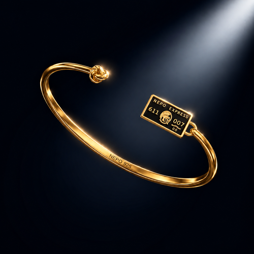 The NEPO Baby — gold-plated knot bangle with hand-painted porcelain vase charm